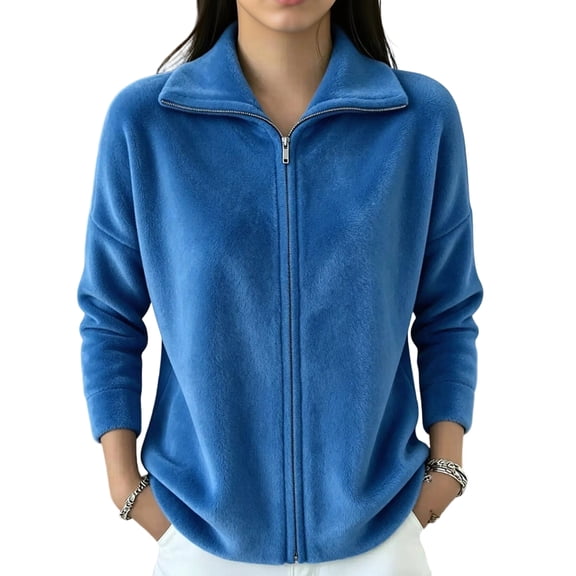 Sewkxo Women's Lightweight Warm Zip Up Long Sleeve Soft Plush Jacket Casual Faux Fur Lapel Collar Zipper Coat Fall Winter Clothes,Blue S