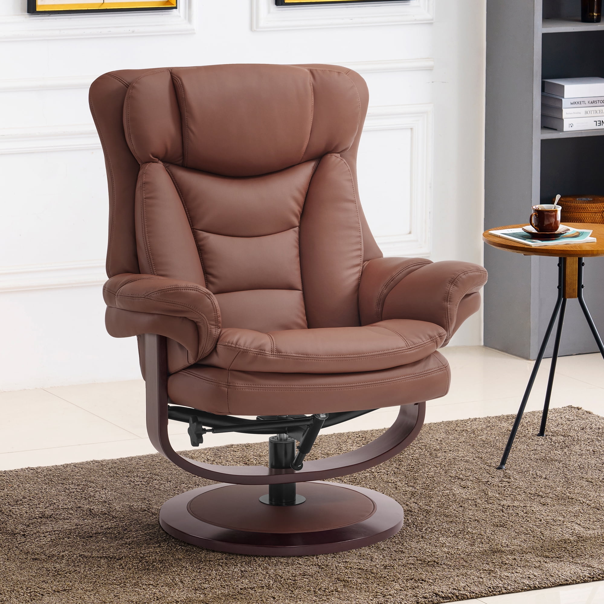 MCombo Swivel Recliner with Ottoman, Reclining Chair with Adjustable Back, Faux Leather Upholstered Lounge Chair for Living Room Bedroom Office 4651（Brown）