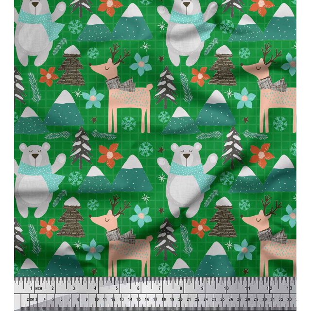 Soimoi Green polyester Crepe Fabric Bear & Reindeer Cartoon Printed Craft Fabric by the Yard 52 Inch Wide