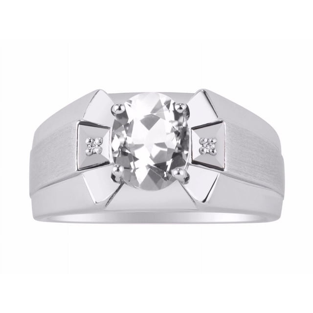 RYLOS Men's Rings Sterling Silver Rings Classic Designer 9X7MM Oval Gemstone & Diamond Ring White Topaz April Birthstone Ring Size 9