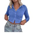 thumbnail image 1 of Diconna Women Blouse Solid Color Turn-down Collar Long Sleeve Crop Tops, 1 of 6