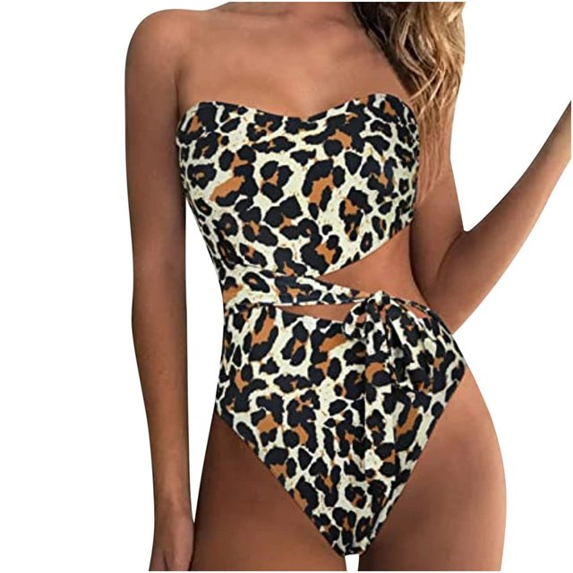 Womens One Piece Swimsuits Strapless Waist Cut Out Monokini Swimwear Tie Front Tummy Control Bathing Suits