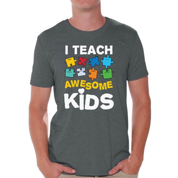 Awkward Styles Men's Autism Awareness Puzzle Graphic T-shirt Tops I Teach Awesome Kids