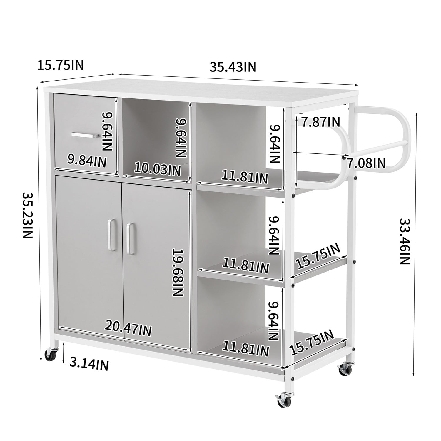 Resenkos 3-shelf Kitchen Island Cart with Drawer and 2 Door Cabinet, Utility Storage Trolley Grey