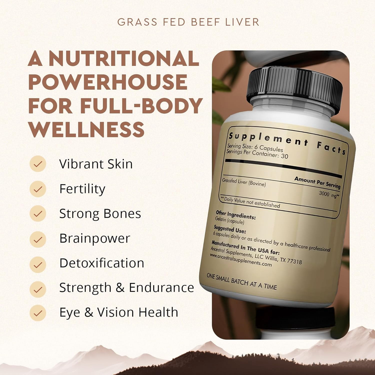 Ancestral Supplements Beef Liver, Grass-Fed, Natural Iron, Vitamin A, B12 for Energy, 180 Capsules
