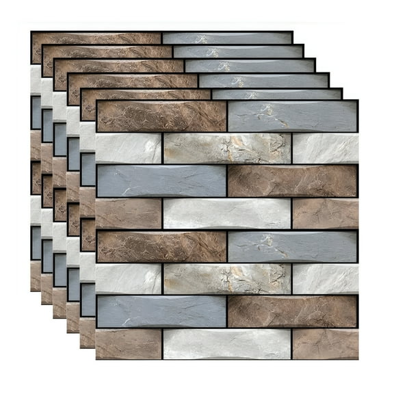 ACDANC 6Pieces Self Adhesive Wall Stickers Tiles Peel And Stick Backsplash 12"X12" Waterproof Pvc Brown Gray Brick