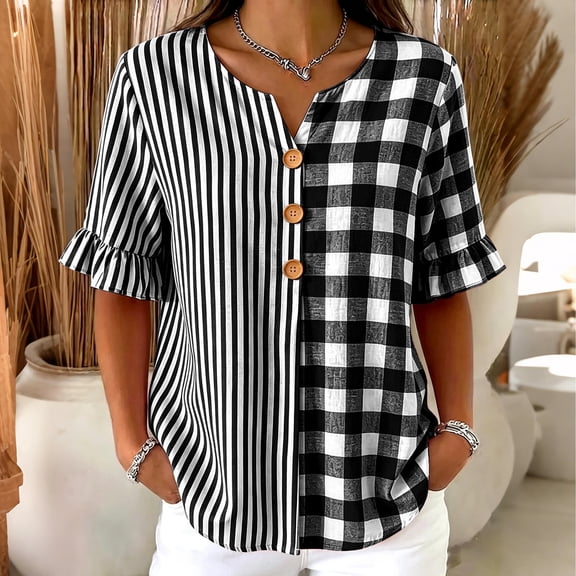 Molidfa Women's V-Neck Blouse 3/4 Sleeve Plaid Stretchable Pull-On Style Regular Fit Striped Casual Elegant Top