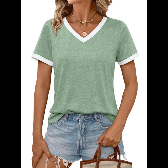Camisetas de Corta con Cuello en V para Mujer, Verde , L