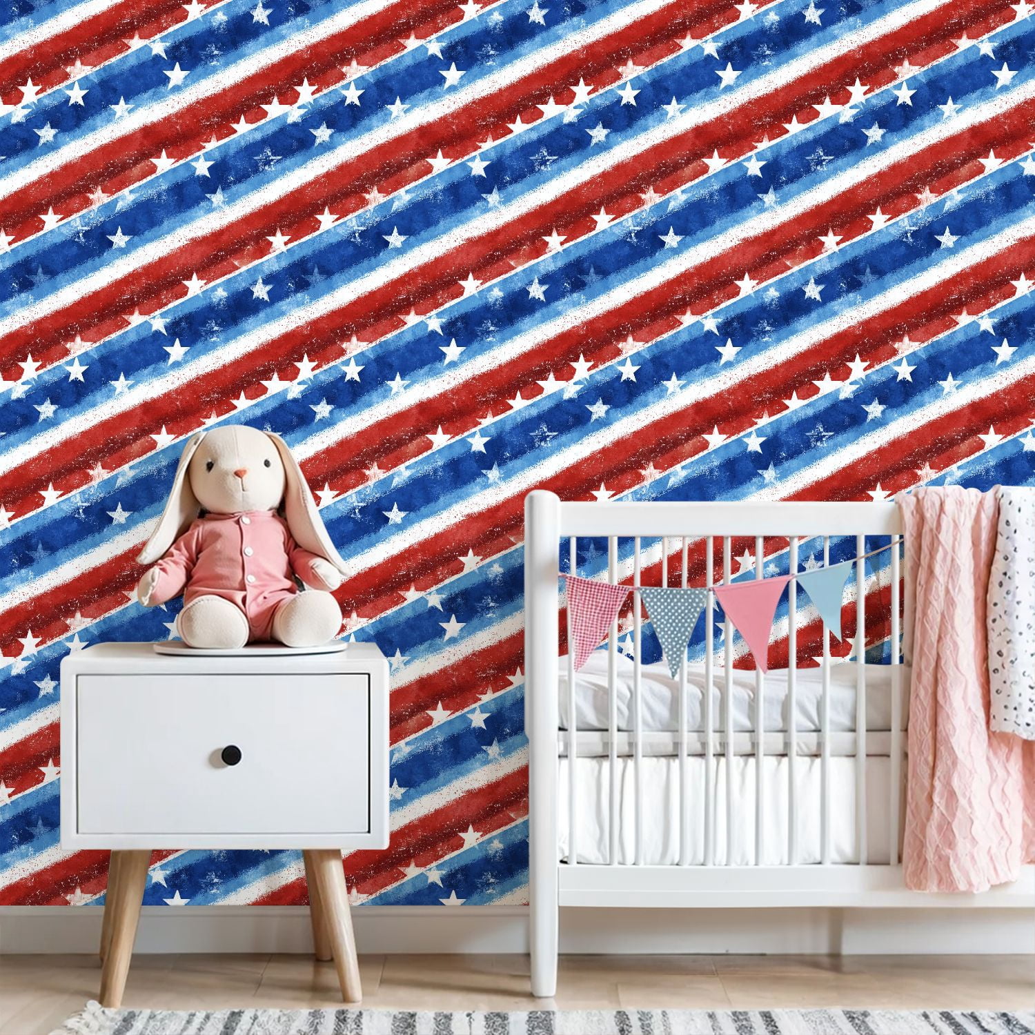 Peel and Stick Wallpaper flag watercolor seamless American national holiday Wall Mural 23.6in x 9.8ft Self Adhesive Removable Wall Paper Renter Friendly Wallpaper for Bedroom Bathroom