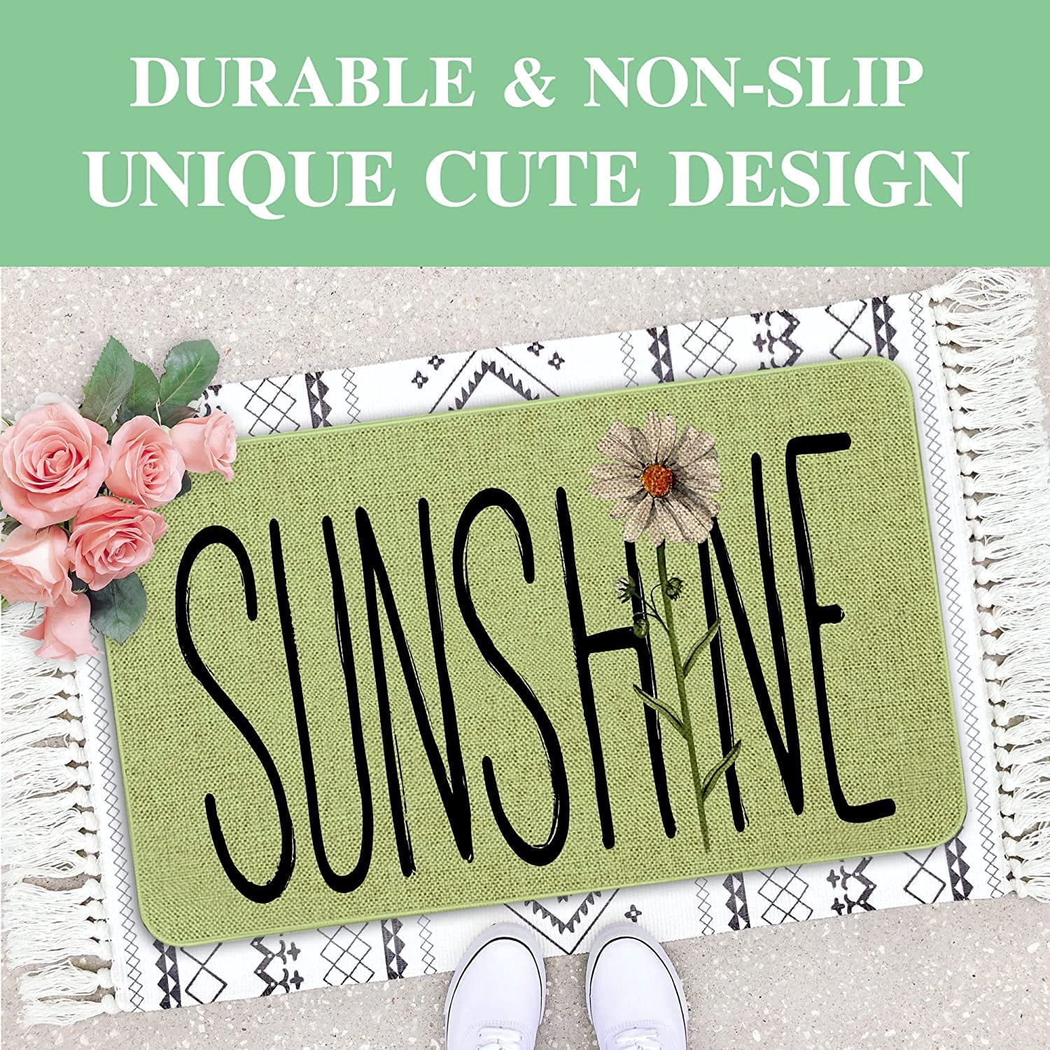 Sunhine Spring Decor Door Mat - Green Farmhouse Welcome Summer Mats Outdoor Colorful Flowers Doormat Non Slip Rubber Floral Decorative Front Door Mats Indoor Rug 17" x 30"