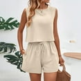 thumbnail image 4 of vigerkar Linen Short Sets for Women Two Piece Matching Casual Sleeveless Tank Top and High Waisted Shorts Summer Outfits Beige, M, 4 of 9