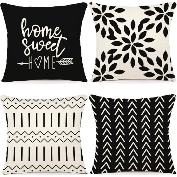 Pillow Covers 18x18 Set of 4, Modern Sofa Throw Pillow Cover, Decorative Outdoor Linen Fabric Pillow Case for Couch Bed Car, Black