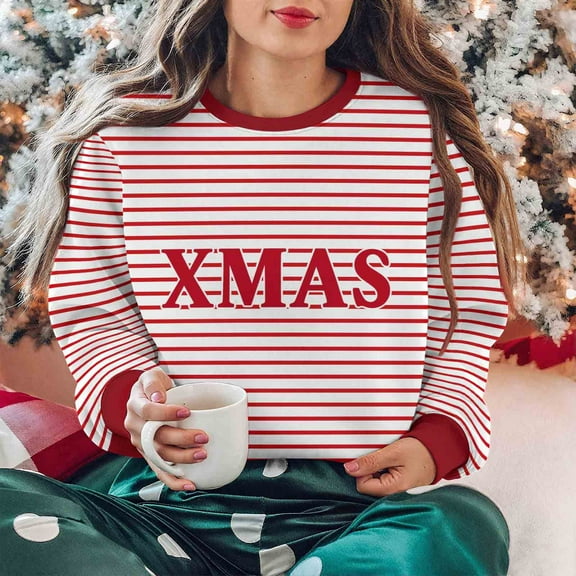 Craaazy Christmas Sweatshirts for Women Vintage Striped Printed Letter Printing Round-neck Long-sleeved Tops Gifts For Women