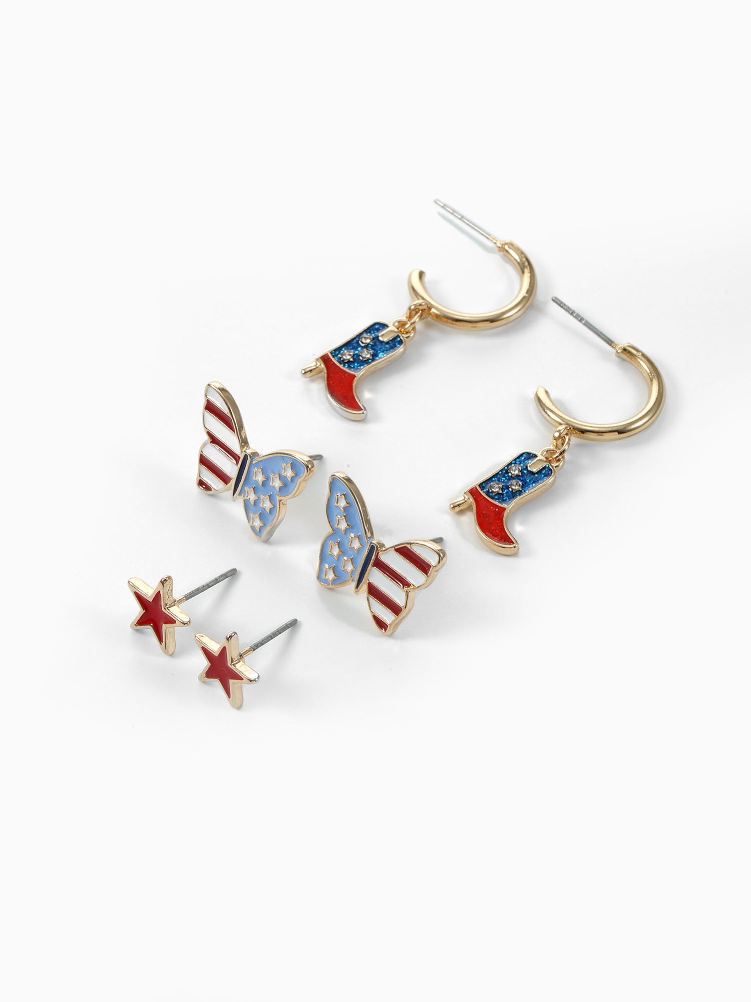 Way to Celebrate Americana Patriotic Star, Butterfly, and Boot Earring Trio