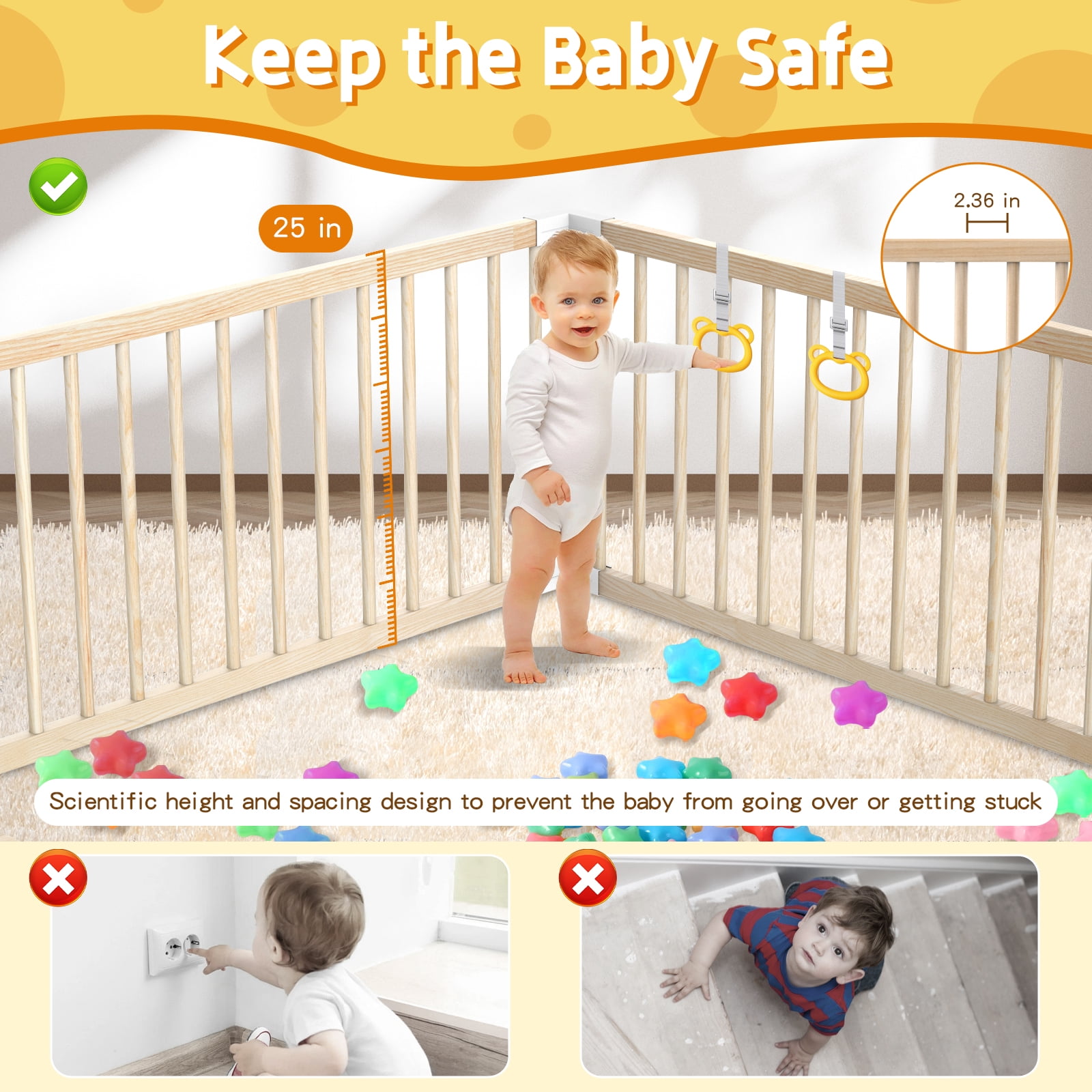 Wooden Baby Playpen, Portable Activity Center for Indoor & Outdoor Use, 43x43in Safety Play Yard with Lockable Door, 2 Handles & 30 Ocean Balls