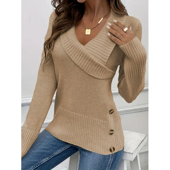 Botton Side Surplice Neck Sweater, Elegant Long Sleeve Sweater For Fall & Winter, Women's Clothing