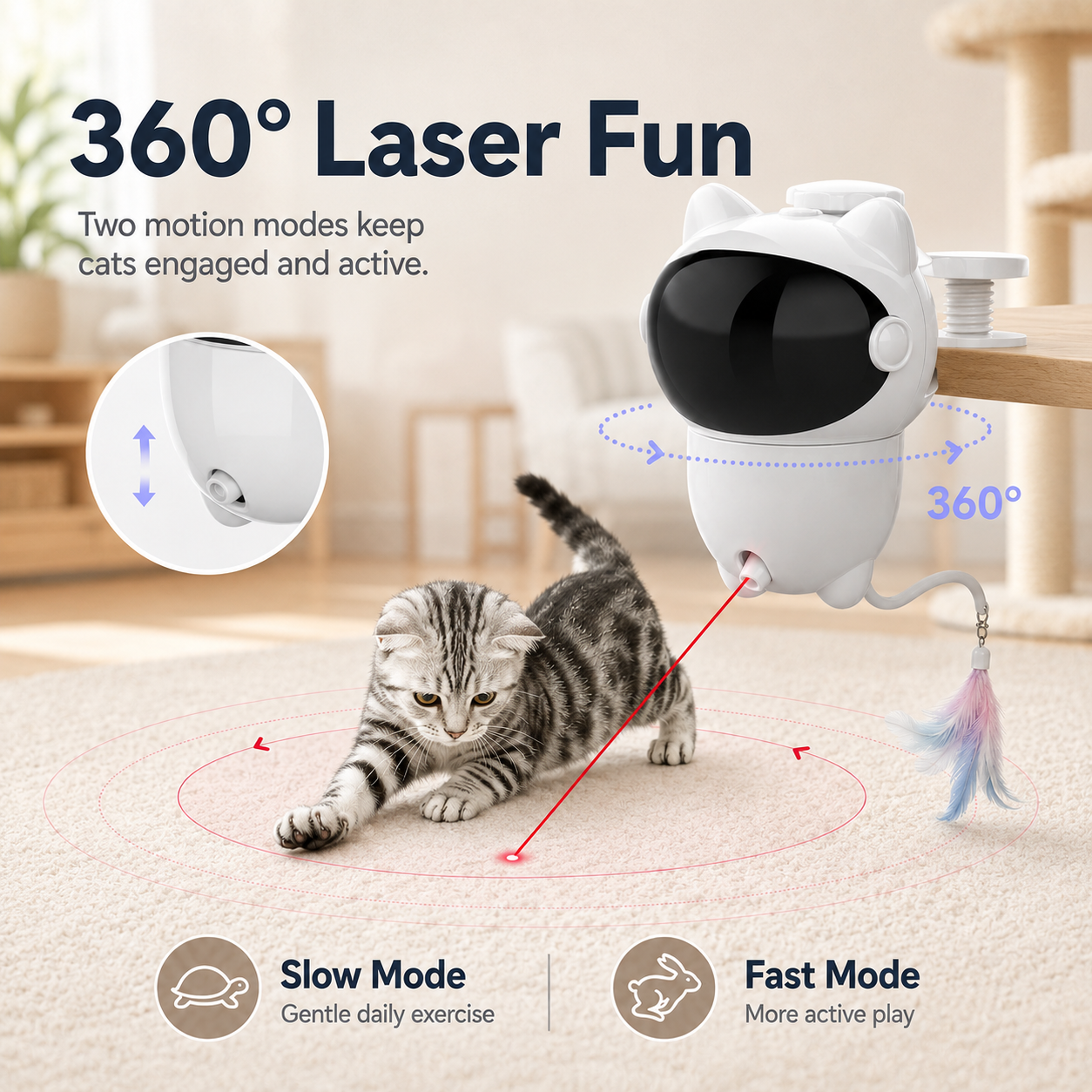 Juguete para gato, láser 360 y pluma giratoria, 2 modos, recargable, juguetes interactivos para gatos aburridos de interior 7