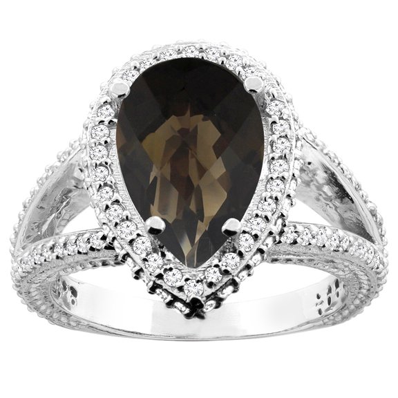 14K White Gold Natural Smoky Topaz Halo Ring Pear 12x8mm Diamond Accents, size 7