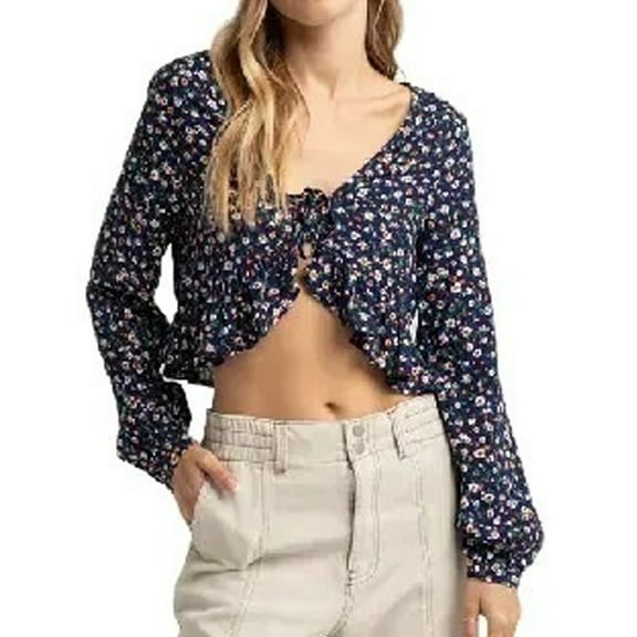 Full Tilt Women's Long Sleeve Tie Front Ruffled Blouse Size Medium