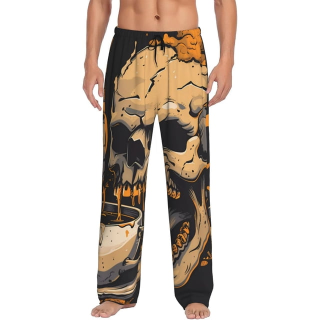 Fotbe Grim Coffee Skull Pantalones de Pijama para Hombre, Pantalones de Dormir, Pantalones de Casa con Cintura Ajustable y Bolsillos-X-Large