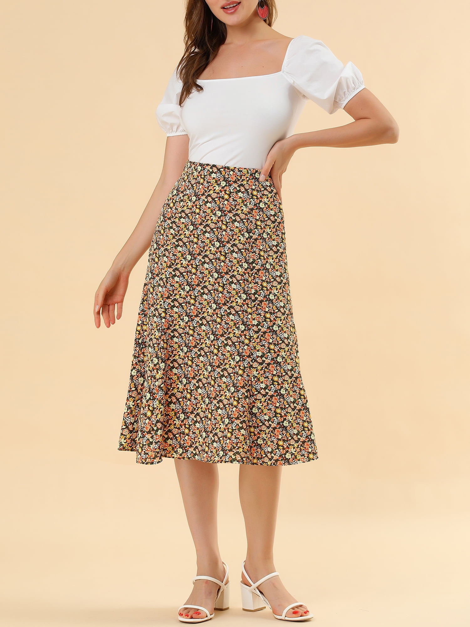 DARING DIVA Women's Elastic Waist A-Line Floral Print Midi Skirt M Brown Orange
