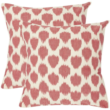 Safavieh Romance 18-inch Rose Red Decorative Pillows (Set of 2) With a fresh  contemporary eye-catching pattern  these decorative pillows are a lovely addition to any decor. These throw pillows feature a contemporary design with a handwoven cotton cover. Set includes: Two pillows Color options:Rose red with accents of white and red Cover closure: Button closure Edging: Knife edge Pillow shape: Square Cover: 100-percent Cotton Fill: 100-percent polyester fiber Care instructions: Dry clean Dimensions: 18 inches high x 18 inches wide The digital images we display have the most accurate color possible. However  due to differences in computer monitors  we cannot be responsible for variations in color between the actual product and your screen.