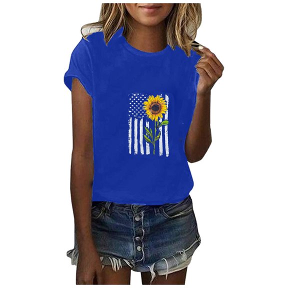 Women Tops Dressy Casual, American Flag Sunflower T Shirts for Women 4th of July Independence Day Shirt Cute Print Short Sleeve Tee Top Blouse