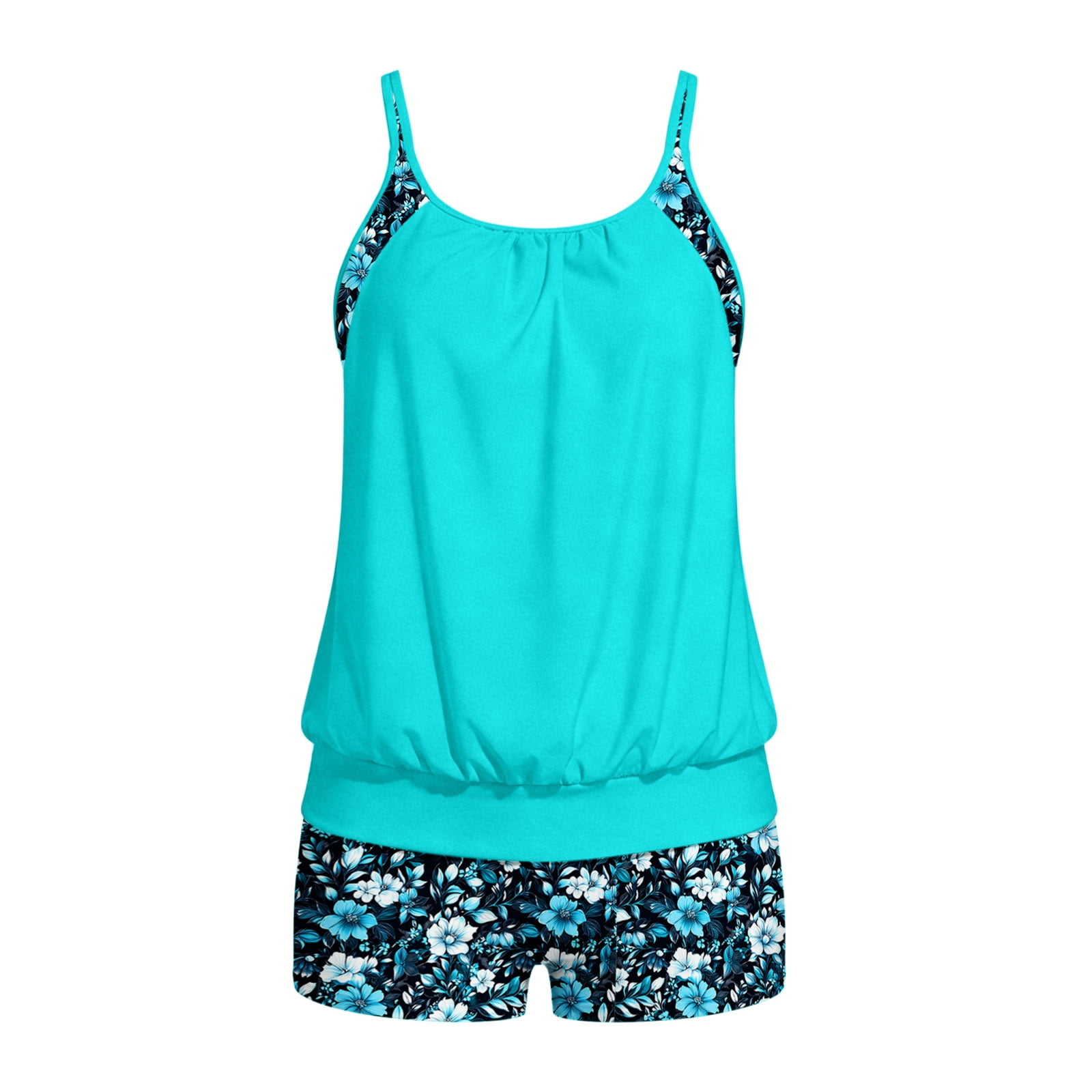 Blouson Tankini Swimsuits for Women Tummy Control Two Piece Bathing Suits with Sporty Pockets Swim Shorts
