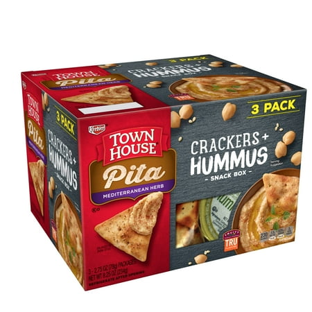 Keebler Town House Pita Mediterranean Herb Crackers + Hummus Snack Box, 2.75 Oz., 3 (Best Snacks To Get At Grocery Store)