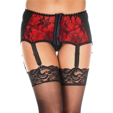 Music Legs 7729-BLACK-RED Spandex Corset Look Lace Garterbelt, Black & Red