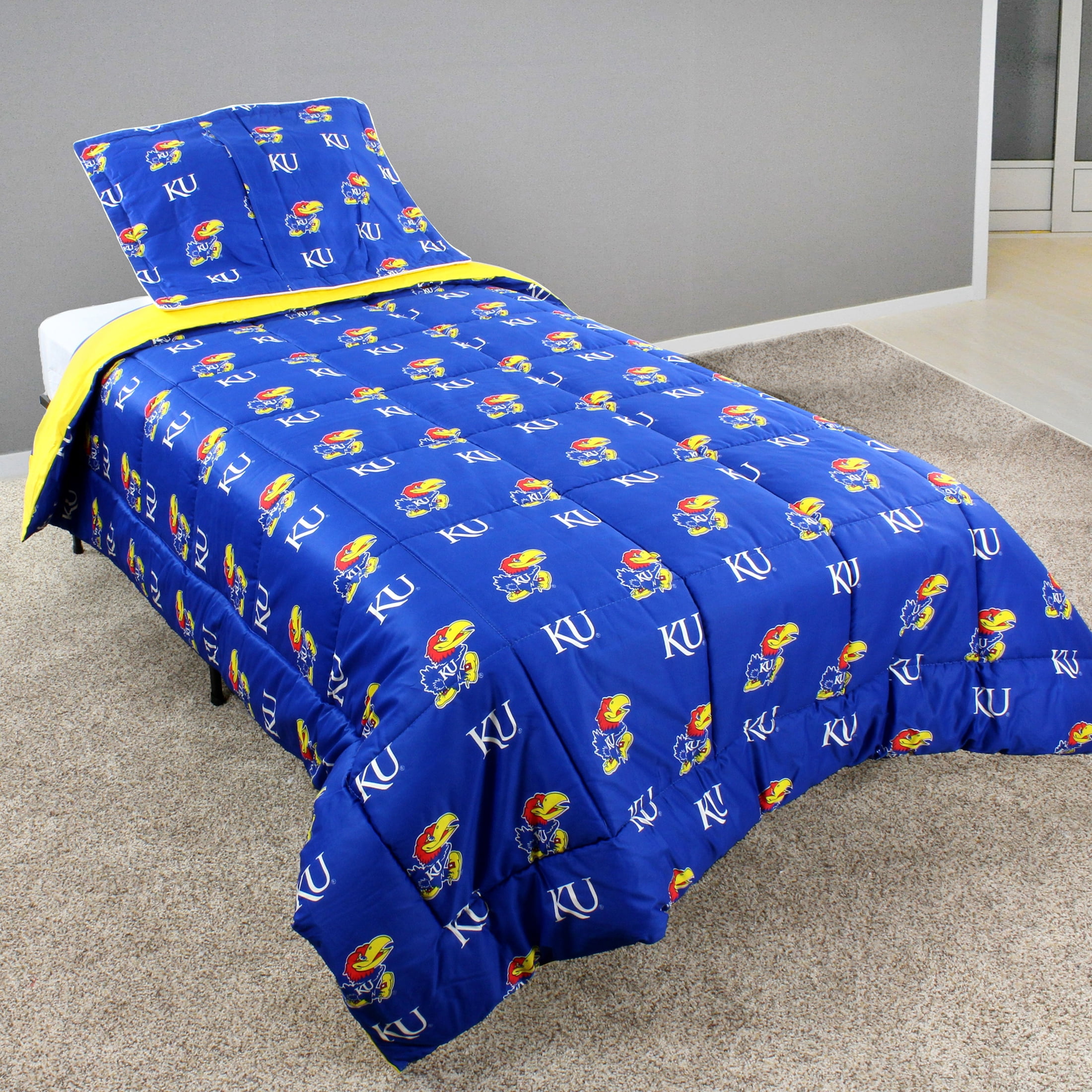 Kansas Jayhawks 2 Pc Reversible Cotton Comforter Set, 1 Comforter, 1 Sham, Twin
