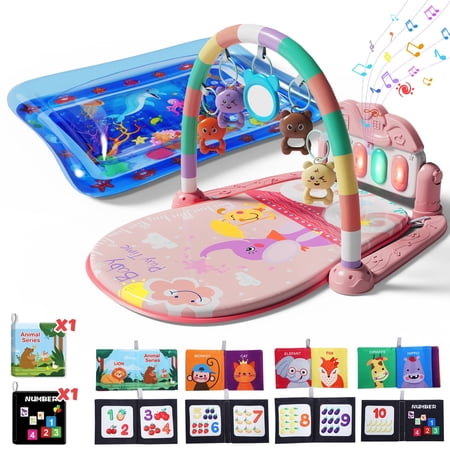 WonderStone 2-in-1 Baby Gym Playmat, Tummy Time Water Mat with 2 Cloth Books and 5 Infant Sensory Baby Toys & Play Piano, Newborn Baby Gift for Boys & Girls 0–24 Months (Pink)