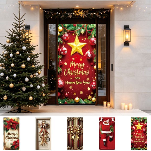 Ouuluon Festive Christmas Door Cover, 35X71 inch Front Door Cover for Door Wall Holiday Party Decoration