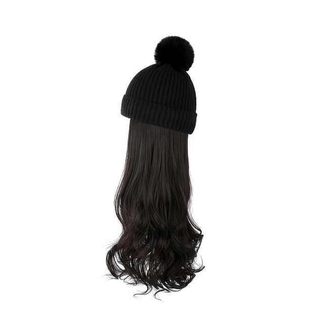Jumpingount Sombrero de extensión de pelo de simulación para mujer, gorro de punto desmontable, pelo largo falso, tocado de viaje para fiesta, accesorios Cuidado del cabello Marrón oscuro Jumpingount CE014849-02
