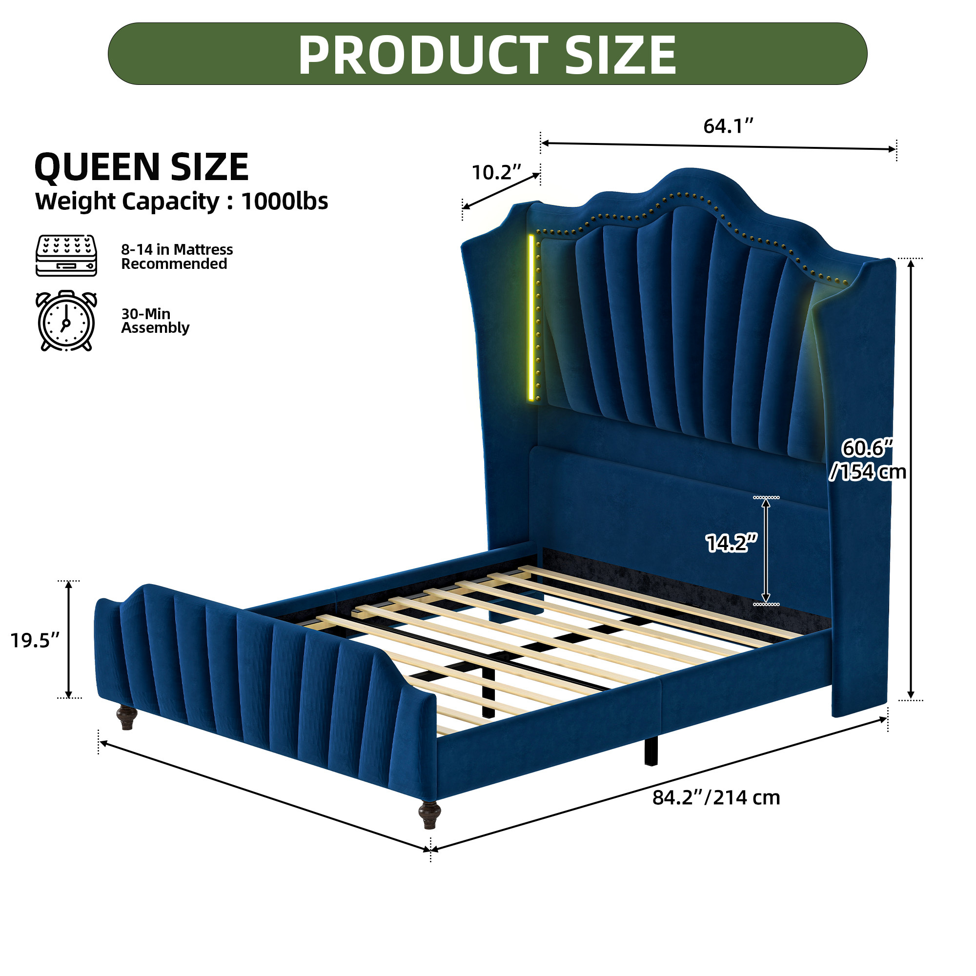 Uforic Upholstered Queen Size Platform Bed Frame with LED Lights & Tall Headboard & Footboard, Blue