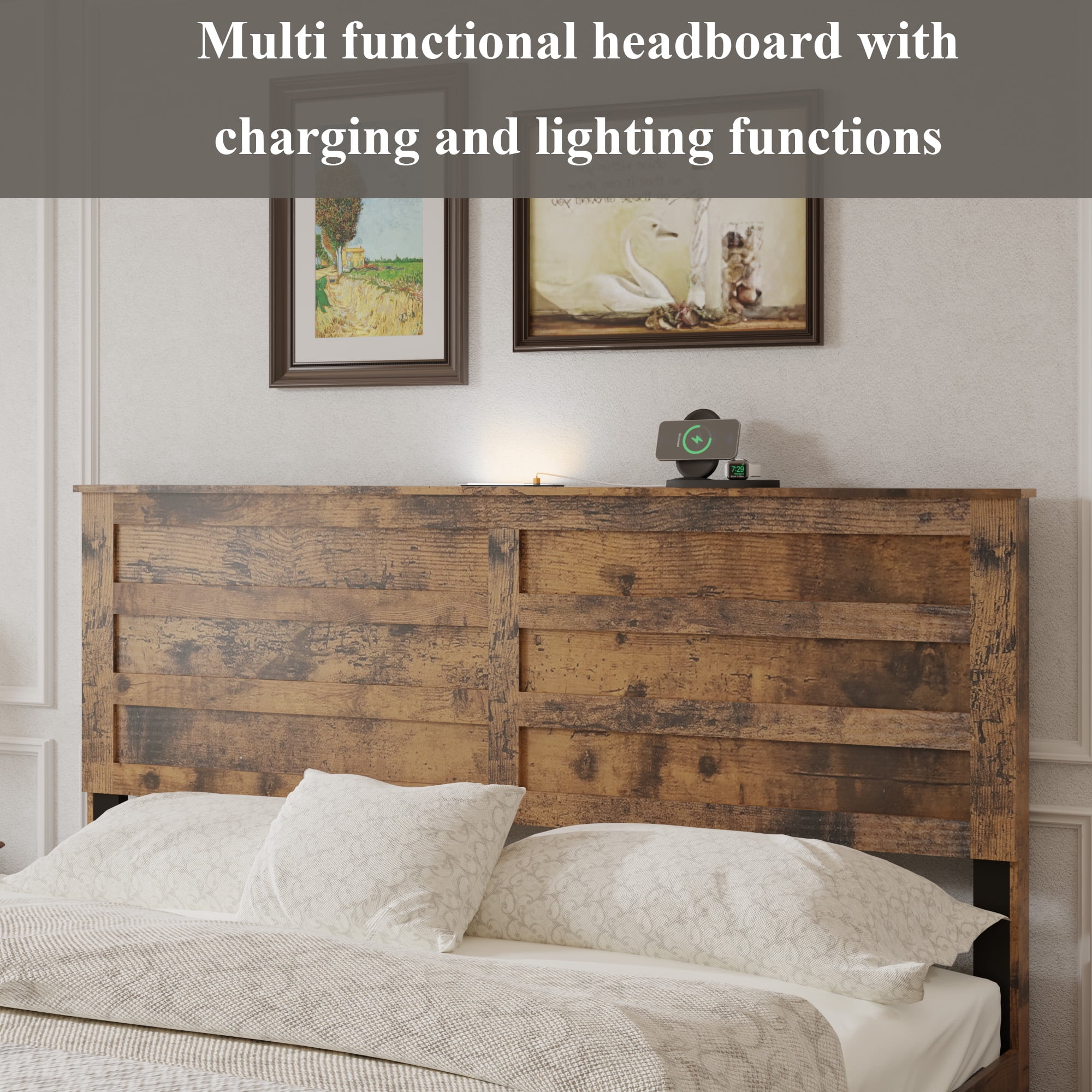 Full Rustic Platform Bed 77.83 Inch, LED Lighting Headboard with USB and Type C Charging, Under Bed Storage Drawers, No Box Spring Needed, Dark Brown