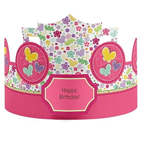 Playful Butterfly And Flowers Crown Happy Birthday Party Hats 8 Count