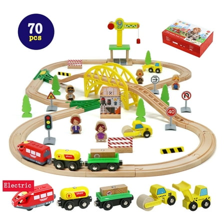 FPCYCG 70PCS Electric Wooden Train Set-Train Tracks Toys for Toddlers & Kids Ages 3-8 Railway Playset Birthday Christmas Gifts for Boys Girls