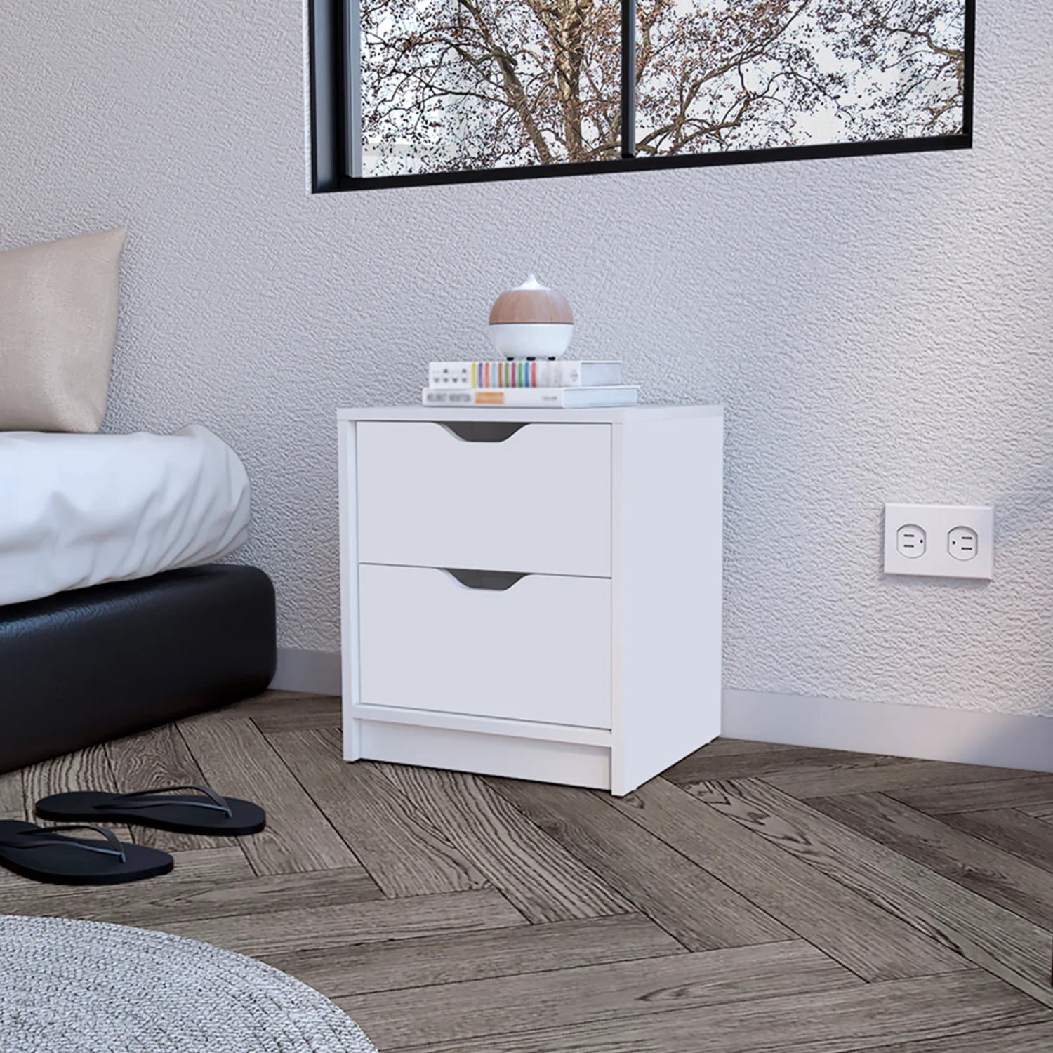 HomeRoots 19 in. Two Drawer Faux Wood Nightstand, White
