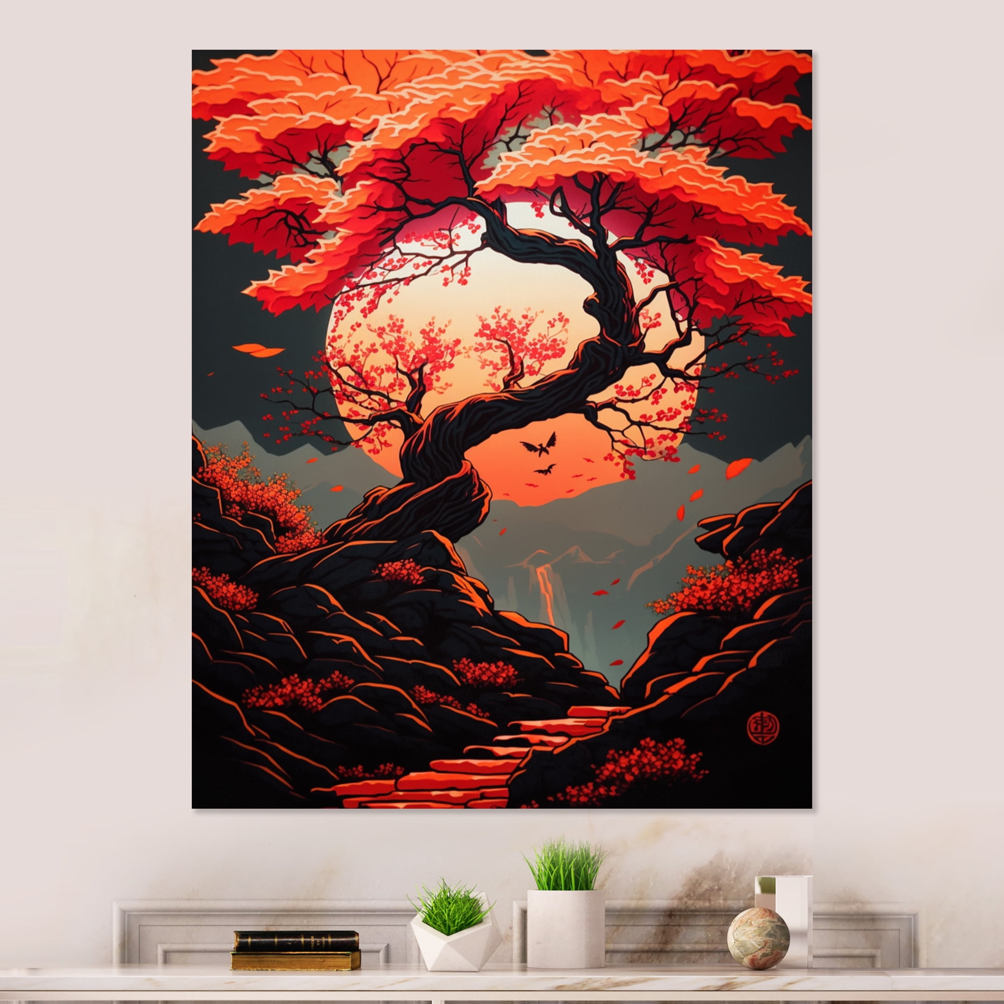 Designart Orange Cherry Blossum Tree Canvas Wall Art