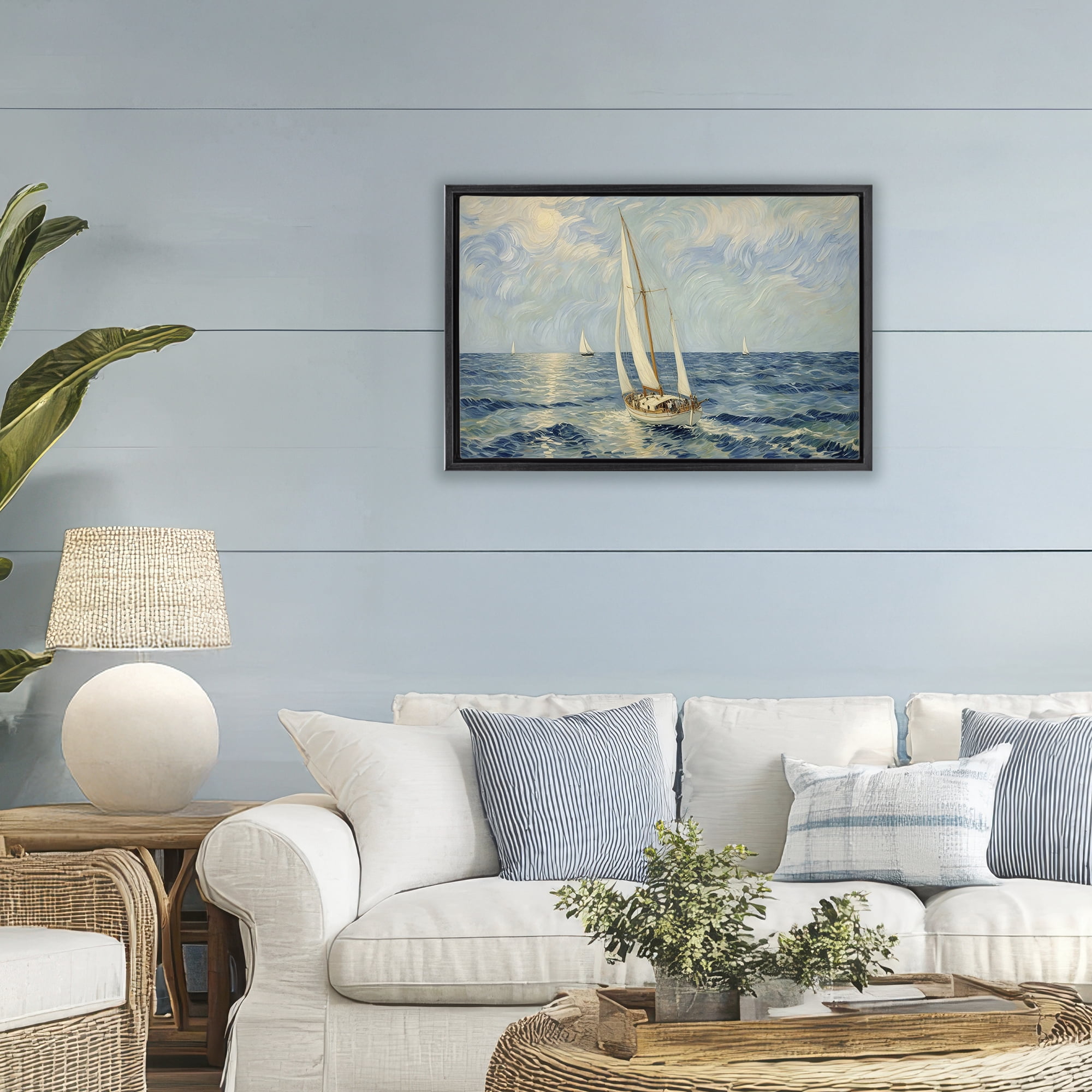 Stupell Industries Sailing Yacht on Blue Sea Black Framed Floater Canvas Wall Art, design by Angie Hawke