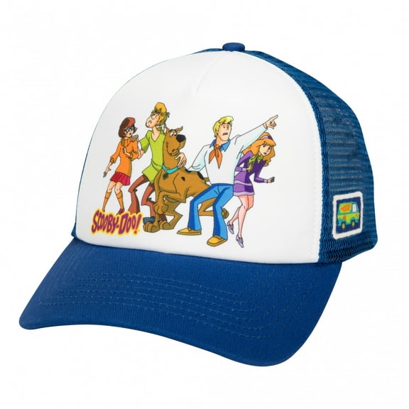 Scooby Doo Men's Trucker Hat Sublimated Characters Retro Foam Front Snapback Cap (Blue/White)
