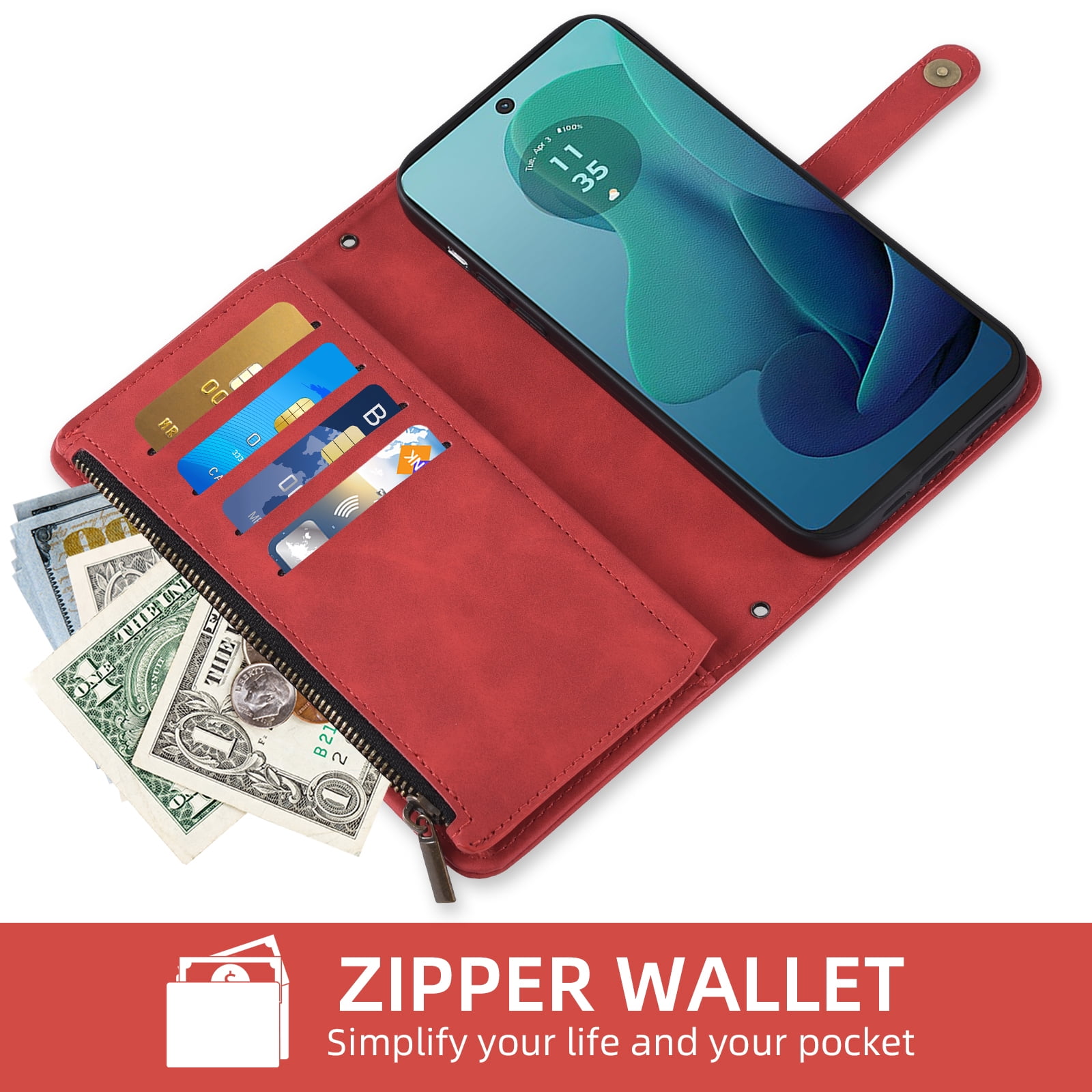 Asuwish Phone Case for Motorola Moto G 5G 2024 Wallet Cover With Tempered Glass Screen Protector Crossbody Wrist Strap Flip Pattern Zipper Credit Card Holder Stand Slot Cell G5G 5 G G5 Women Men Red