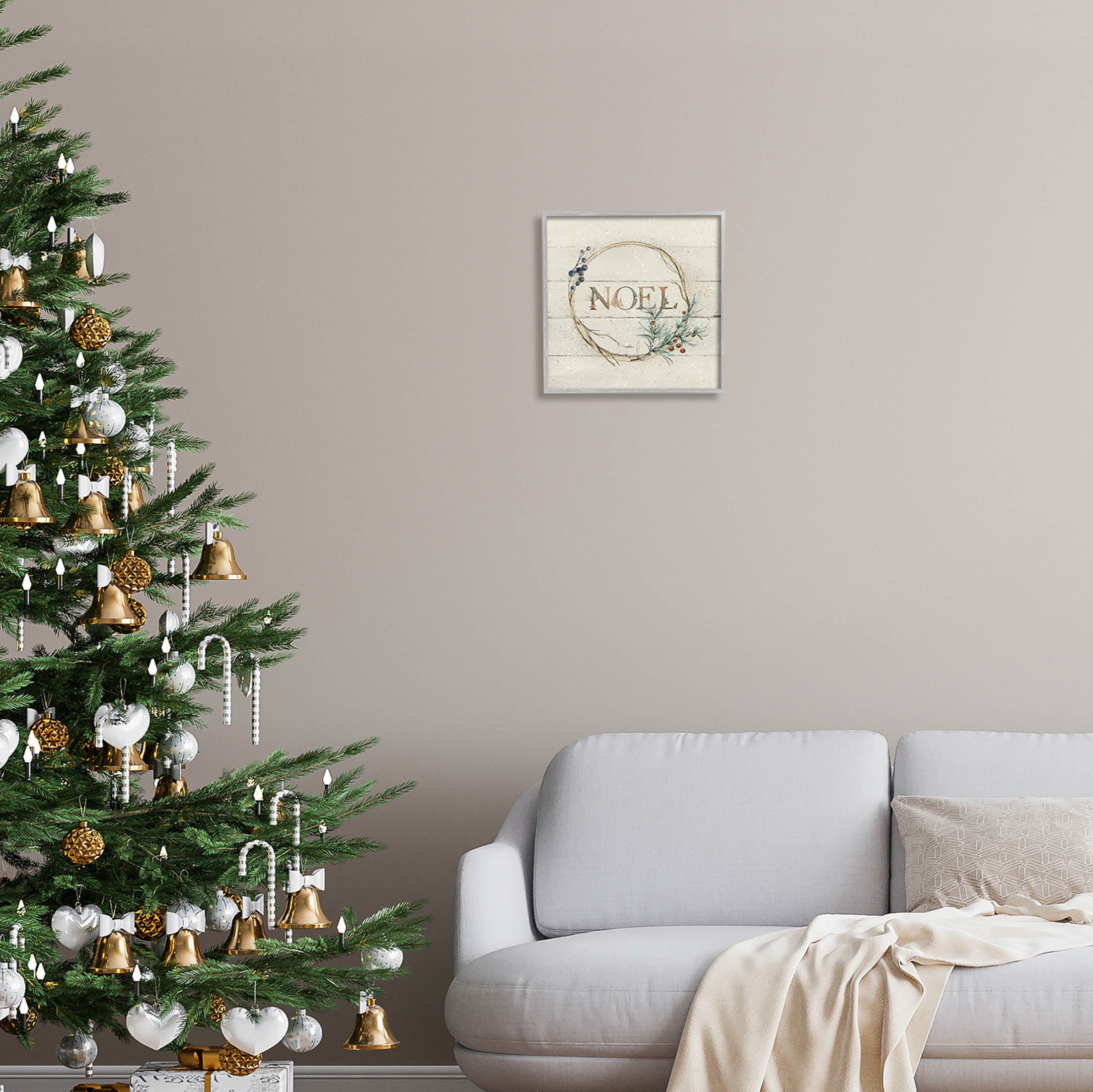 Stupell Industries Noel Holiday Botanical Wreath Graphic Art Gray Framed Art Print Wall Art, Design by Carol Robinson
