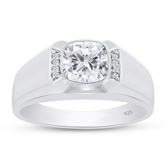 Cushion & Round Cut Lab Created Moissanite Diamond Bezel Set Men's Anniversary Wedding Band Ring in 14k White Gold Over Sterling Silver(1 CTTW,G-H Color,VVS1 Clarity)-4