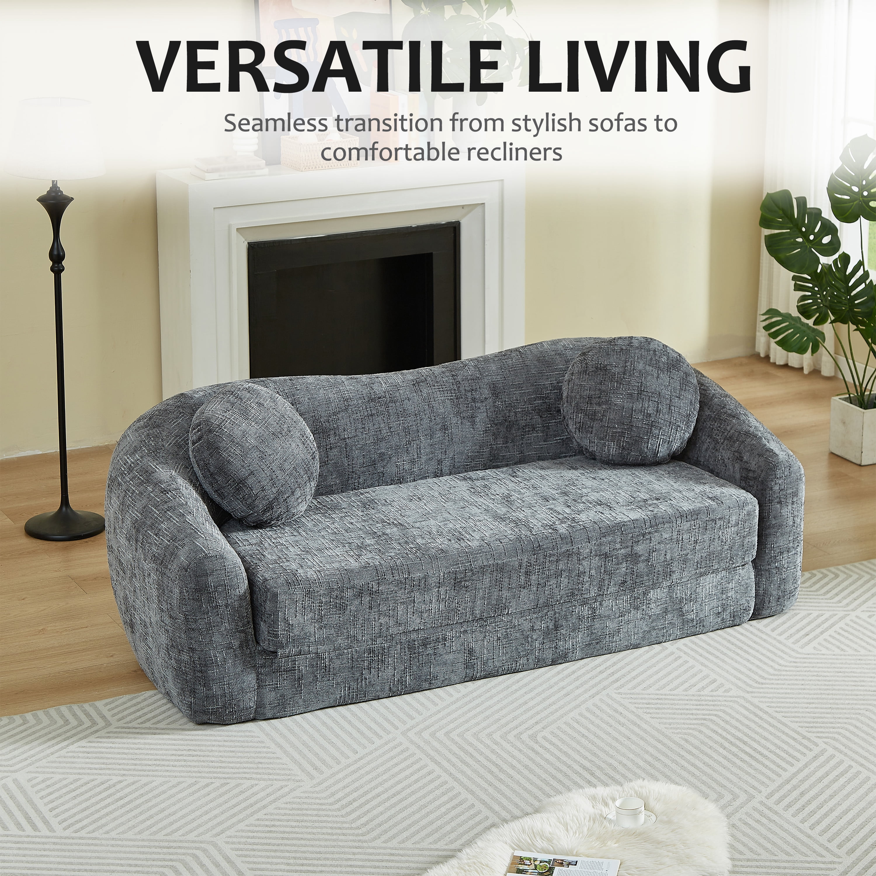 Leumius 87" Convertible Futon Sofa Bed, Corduroy Curved Boneless Couch with High Backrest, 2-in-1 Fold-Out Sleeper Sofa with Pull-out Couch Bed,Gray-Round Pillow