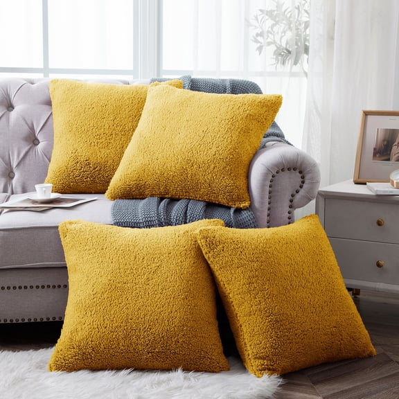 Home Soft Things Sherpa Pillow Cover 4 Piece Set, 20" x 20", Lemon Curry