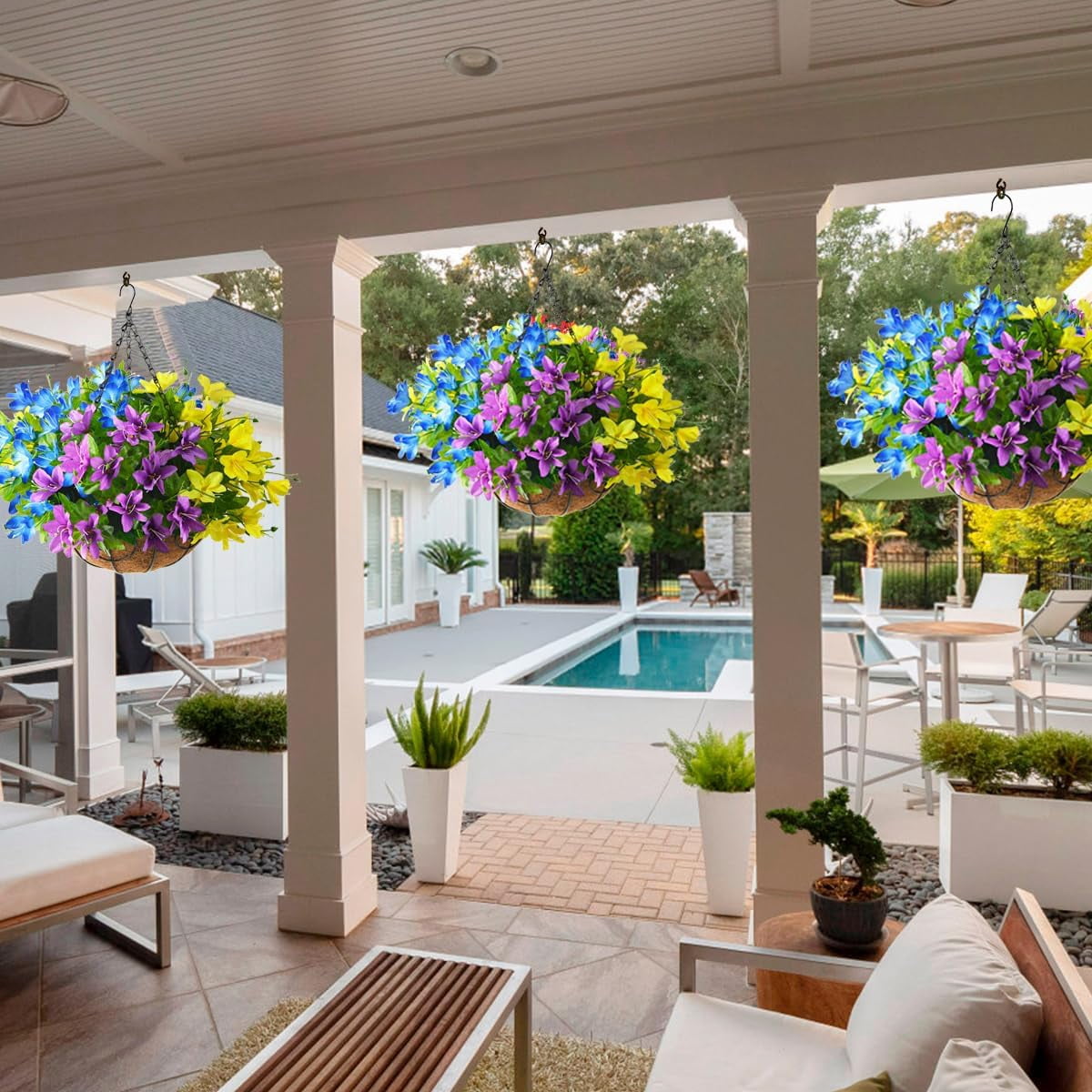 Artificial Flowers Hanging Basket for Outdoor Indoor, Fake Orchid Flowers in Coconut Lining Hanging Basket for Home Courtyard Decoration, 5 Branches Flowers in '' Basket(Blue)
