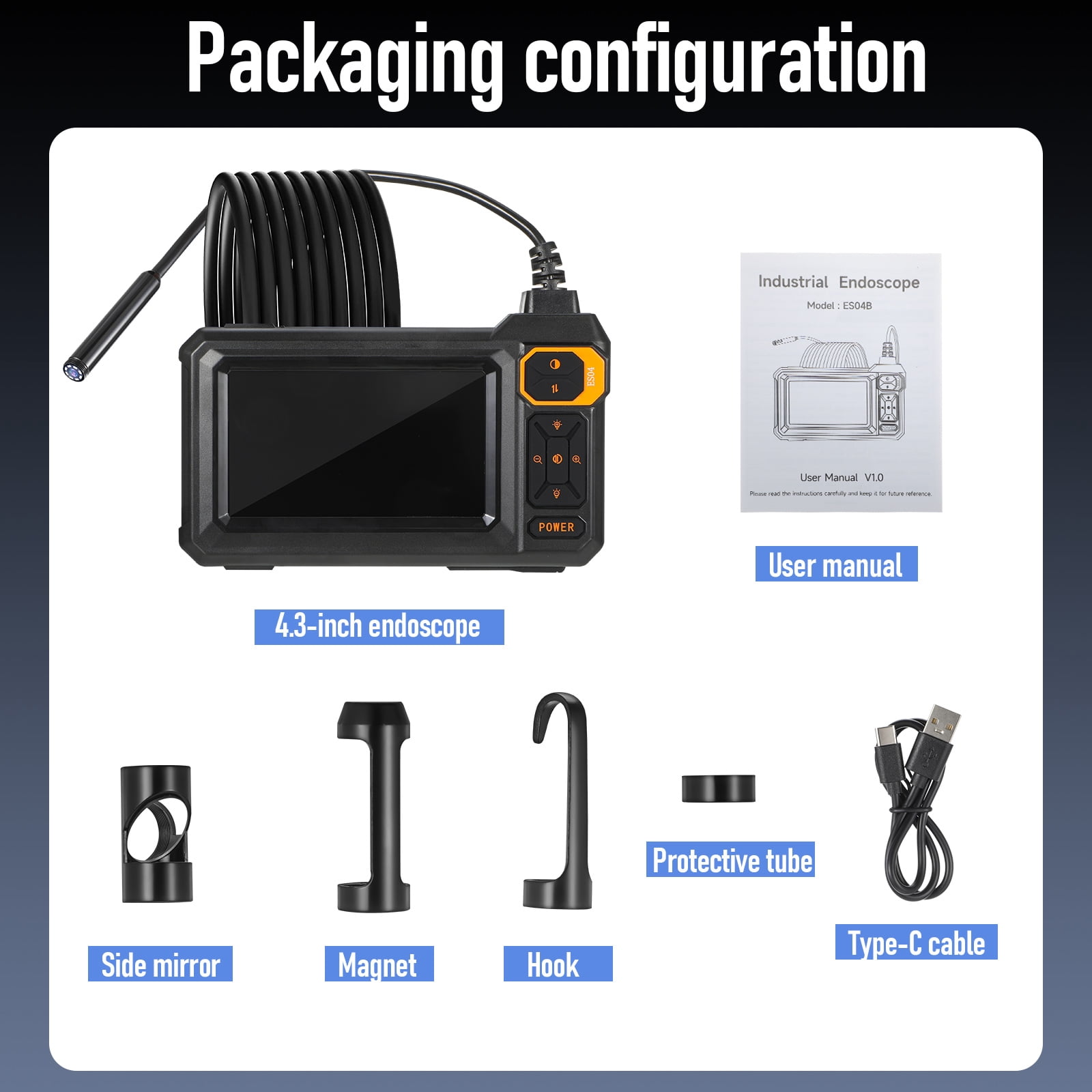 Endoscope Camera with Light, 4.3" Inspection Camera, 1920P HD Borescope with 8 LED Lights, IP67 Waterproof Snake Sewer Tools
