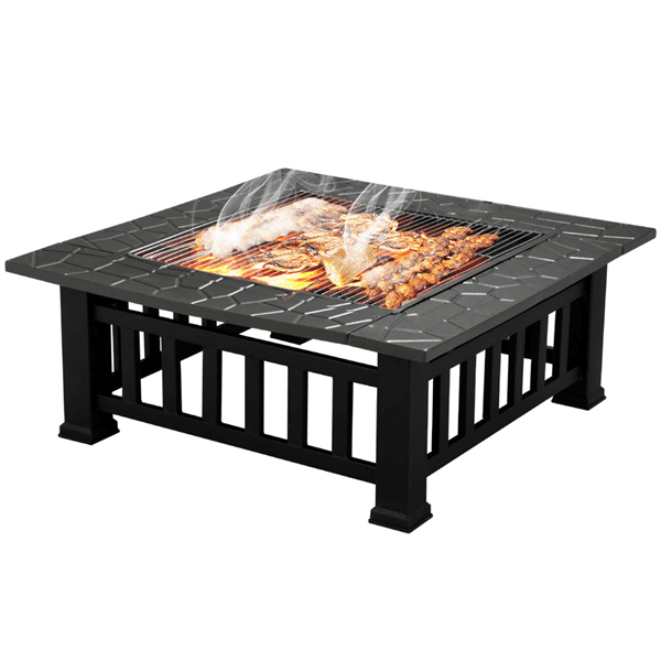 Outdoor 32" Square Metal Fire Pit with Spark Screen, Poker, and Cover